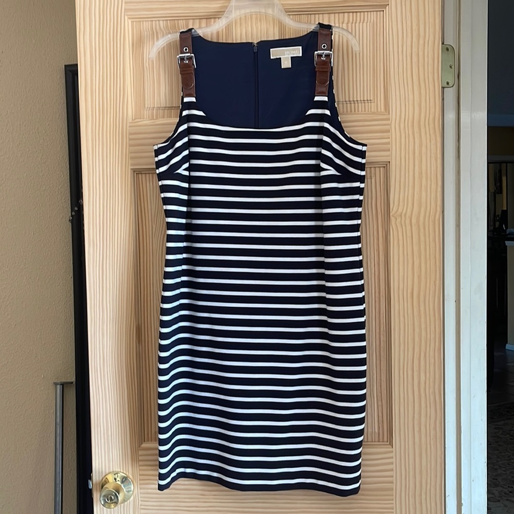 cute striped midi dress with brown buckle straps